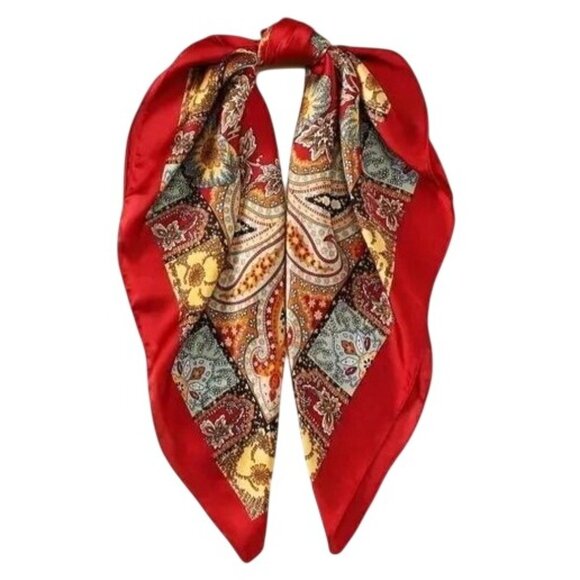 Square Silk Scarf Red With Ornate Paisley Floral Print 27.5 inch Square Wild Rag - Picture 3 of 16